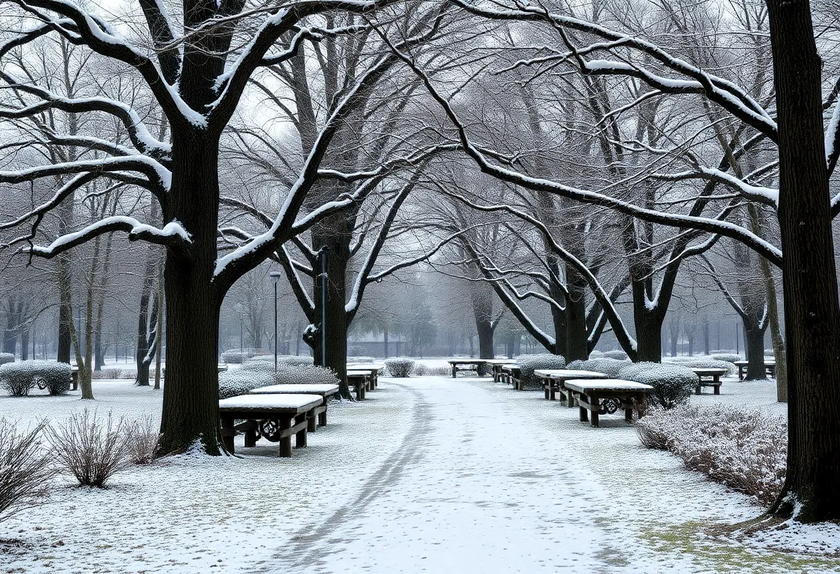 Snow-covered park in Lowcountry during winter