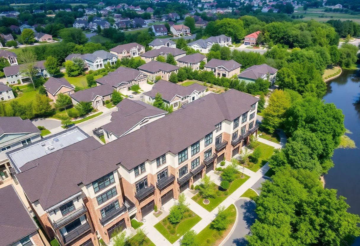 Aerial view of luxury townhomes with large windows and private balconies in North Charleston.