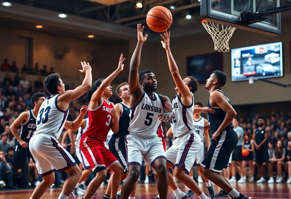 Monmouth University basketball team celebrates a victory over Charleston.
