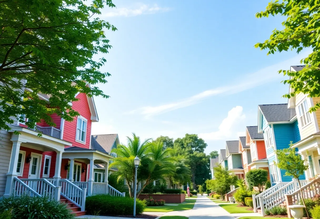 A neighborhood in Mount Pleasant with colorful houses and greenery