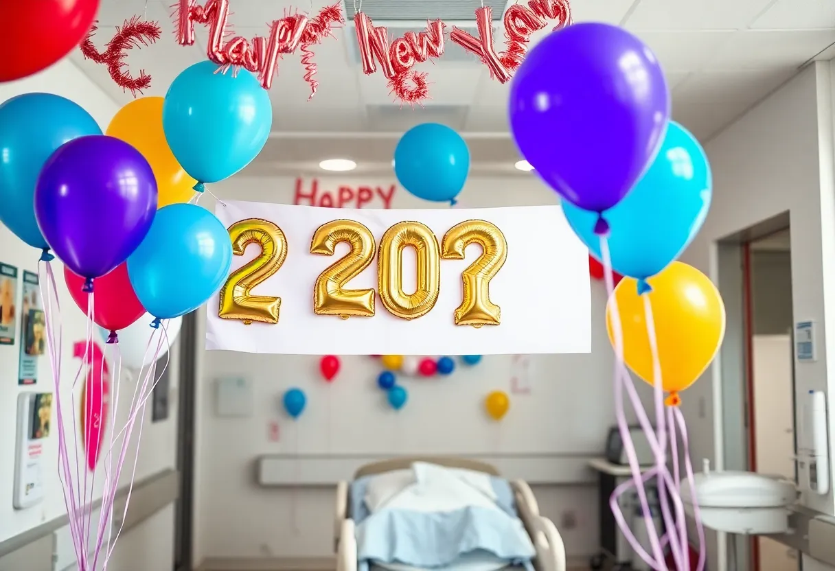 New Year’s celebration at a hospital with decorations and joyful parents