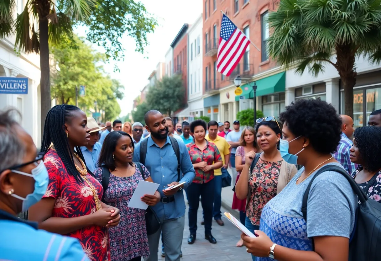 Residents of North Charleston discussing the primary election on a lively street.