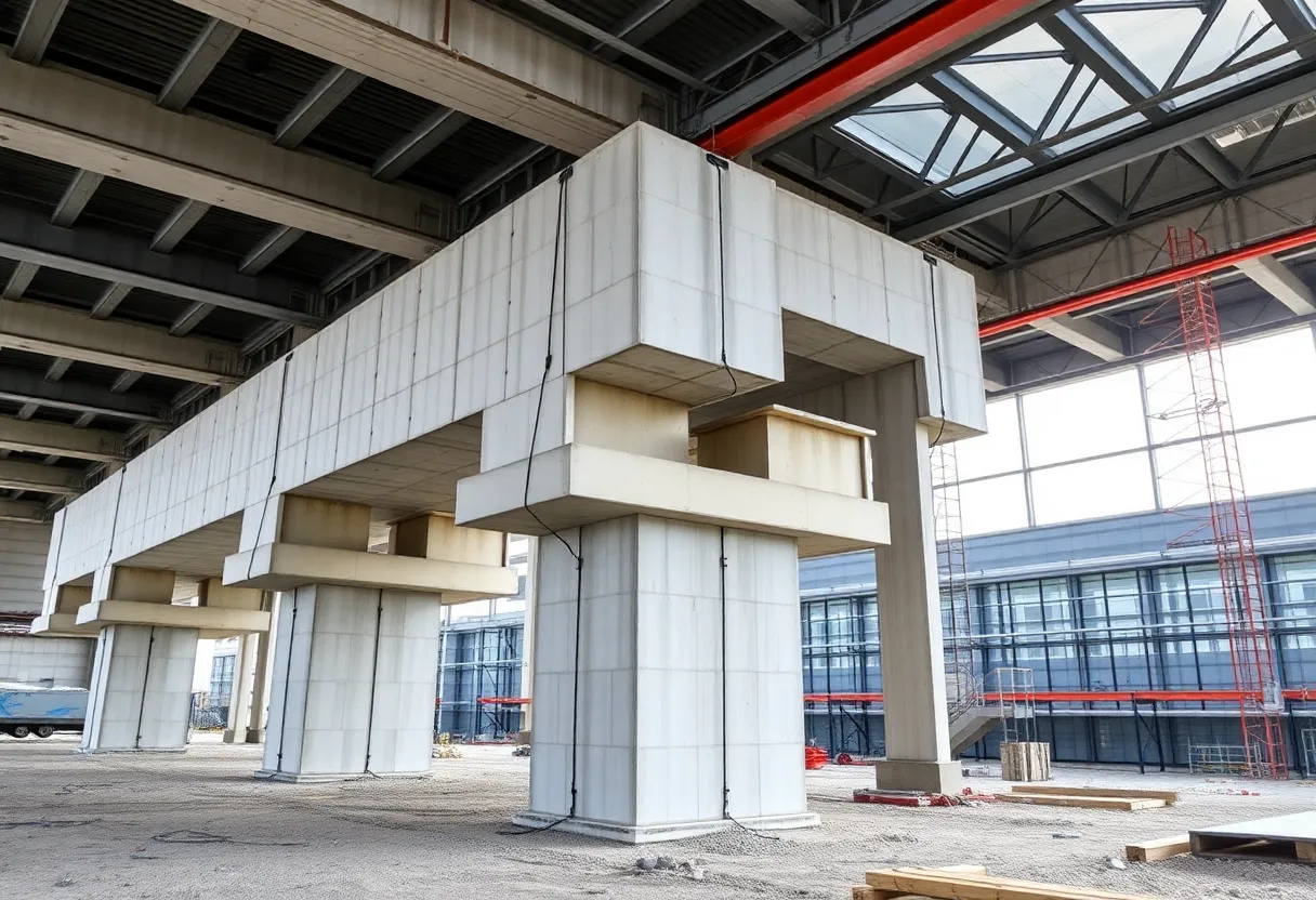A construction worker examining an advanced precast concrete connection design.