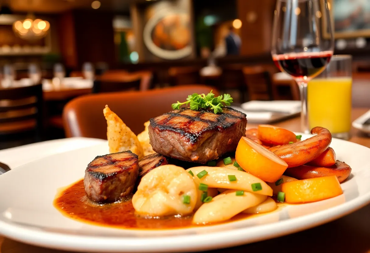 Delicious steak and seafood dish at Oak Steakhouse