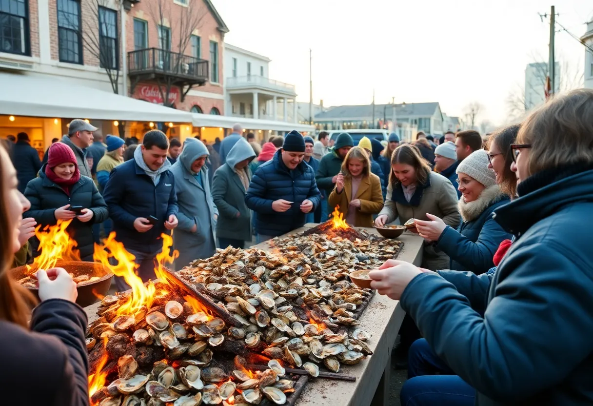 People enjoying an oyster roast in Charleston with fires and roasted oysters.
