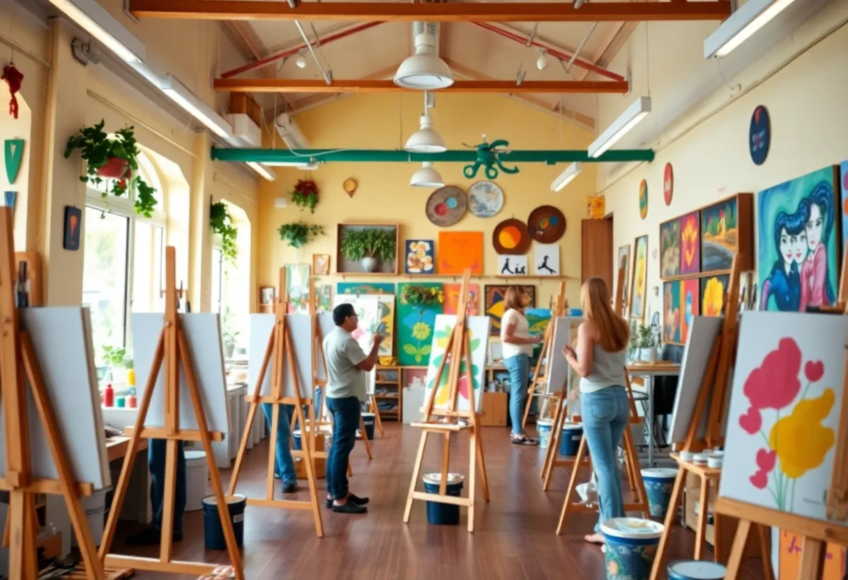 Interior of Painting with a Twist studio filled with easels and art supplies