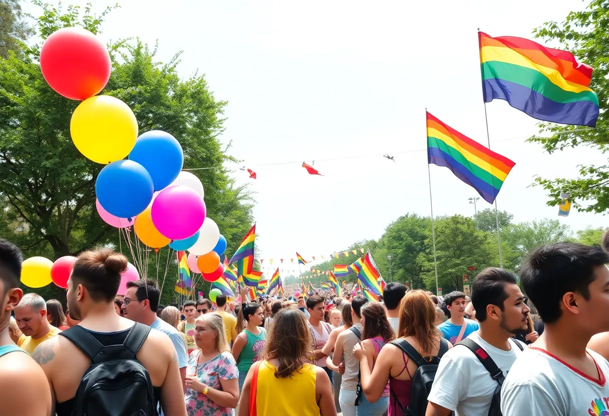 Pride celebration at Park Circle with diverse participants and colorful decorations.