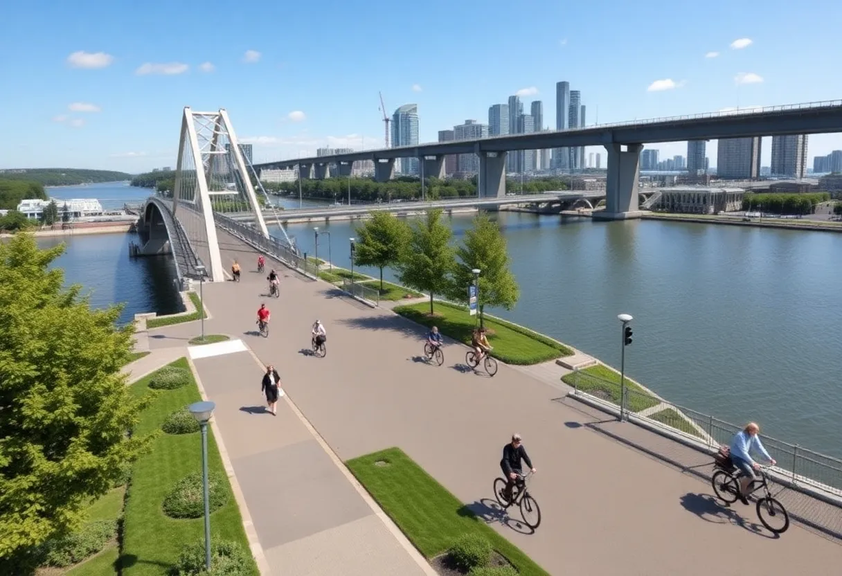 Pitt Street Bridge under renovation with scenic views and greenery.