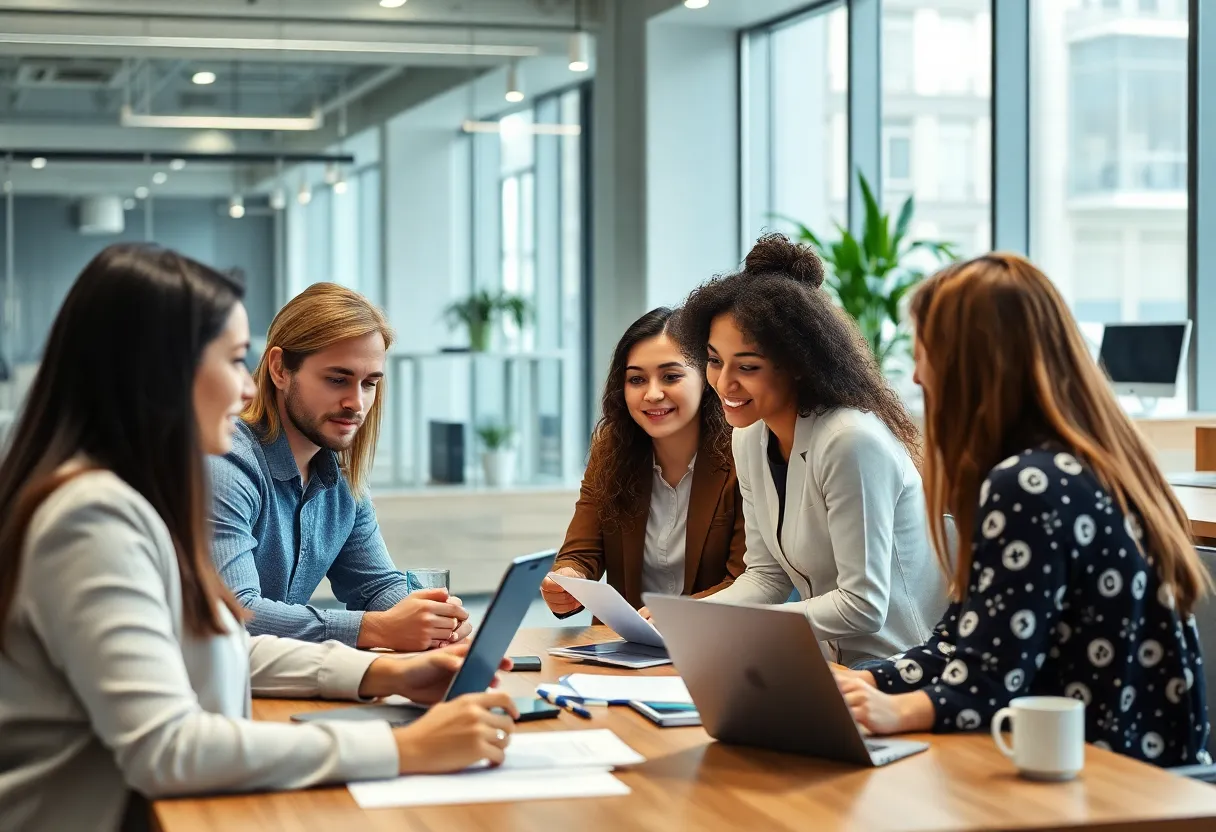Diverse marketing team in a corporate meeting discussing strategies.