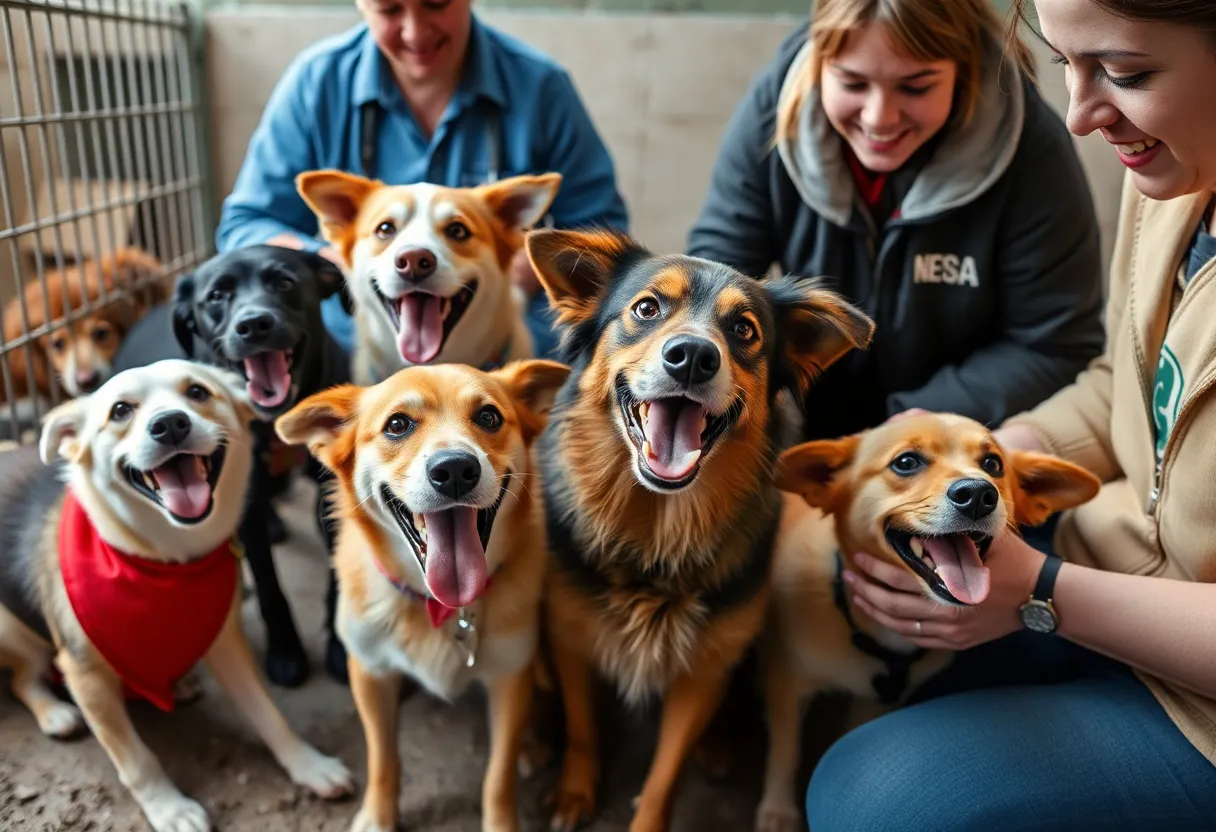 A group of rescued dogs being cared for by volunteers
