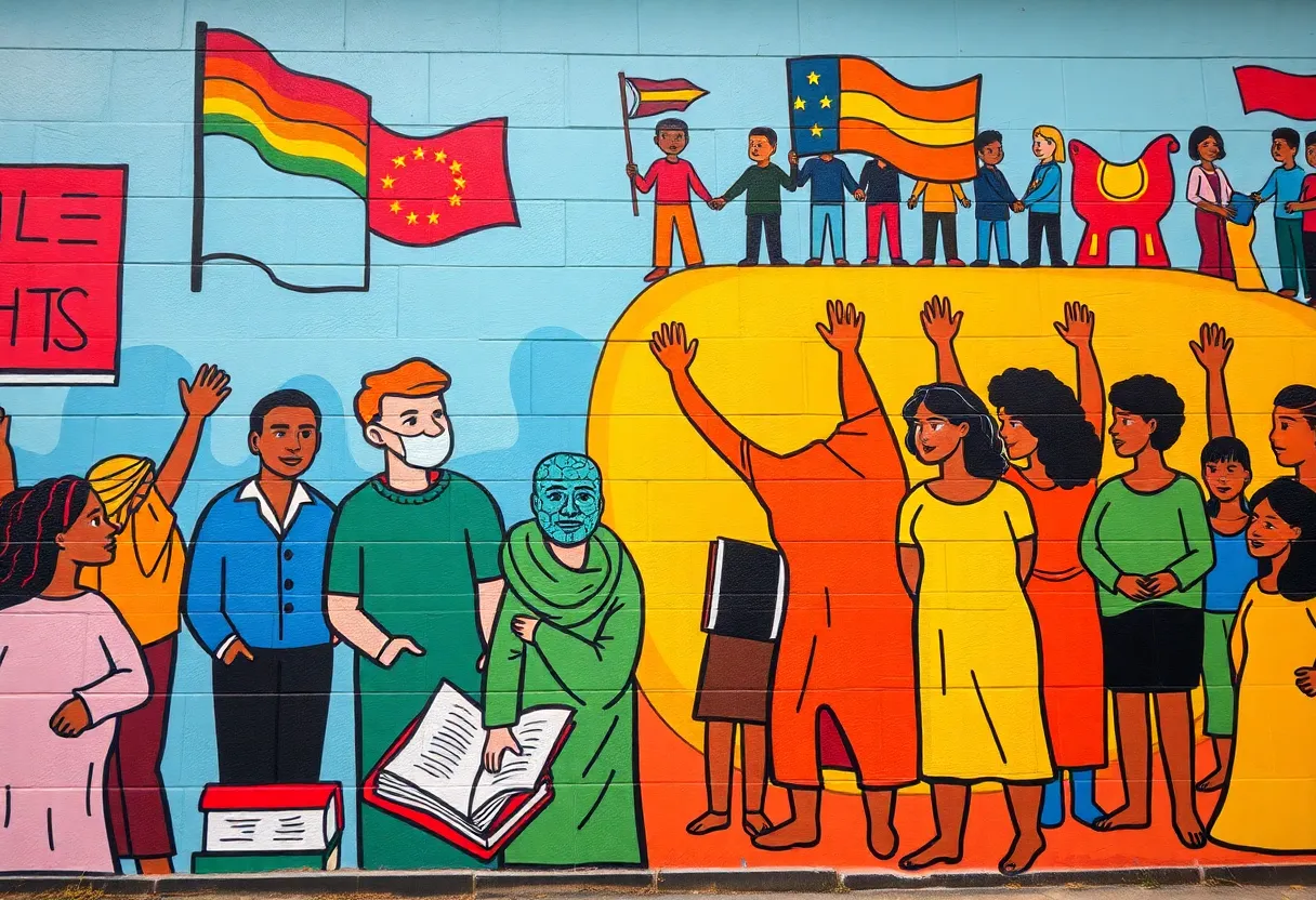 A colorful mural depicting themes of education and civil rights inspired by Septima Poinsette Clark.