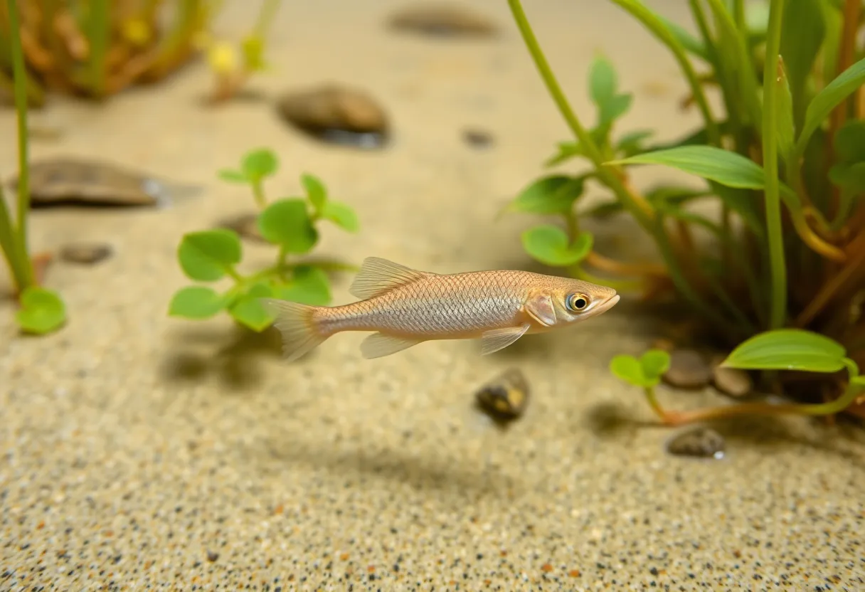 A beige fish in a sandy river habitat in Tennessee.