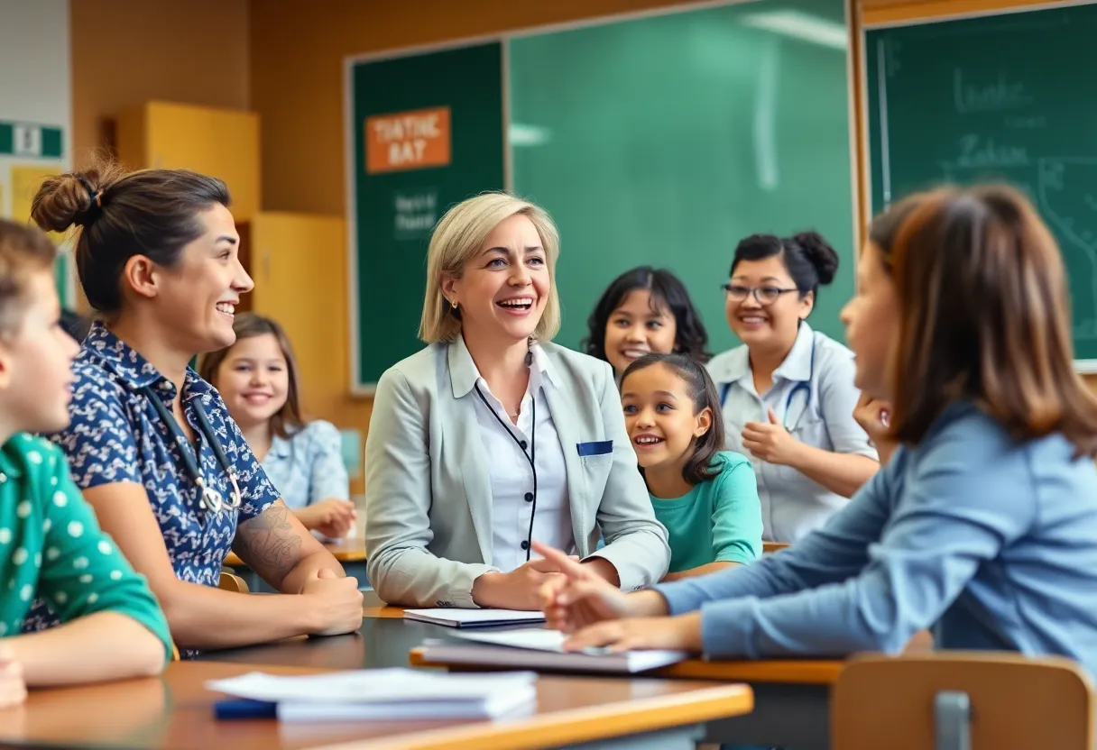 Teachers engaging with students in a cheerful classroom environment