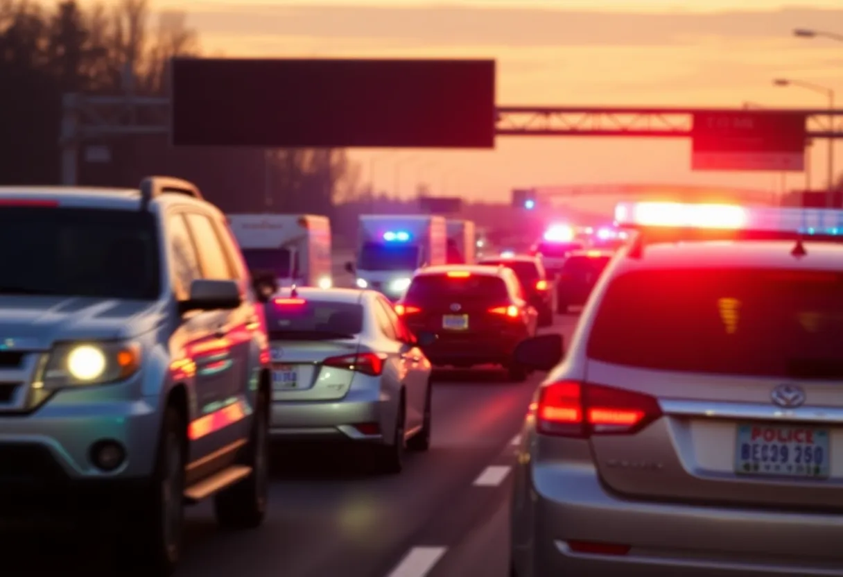 Police lights illuminating a busy interstate during a traffic stop