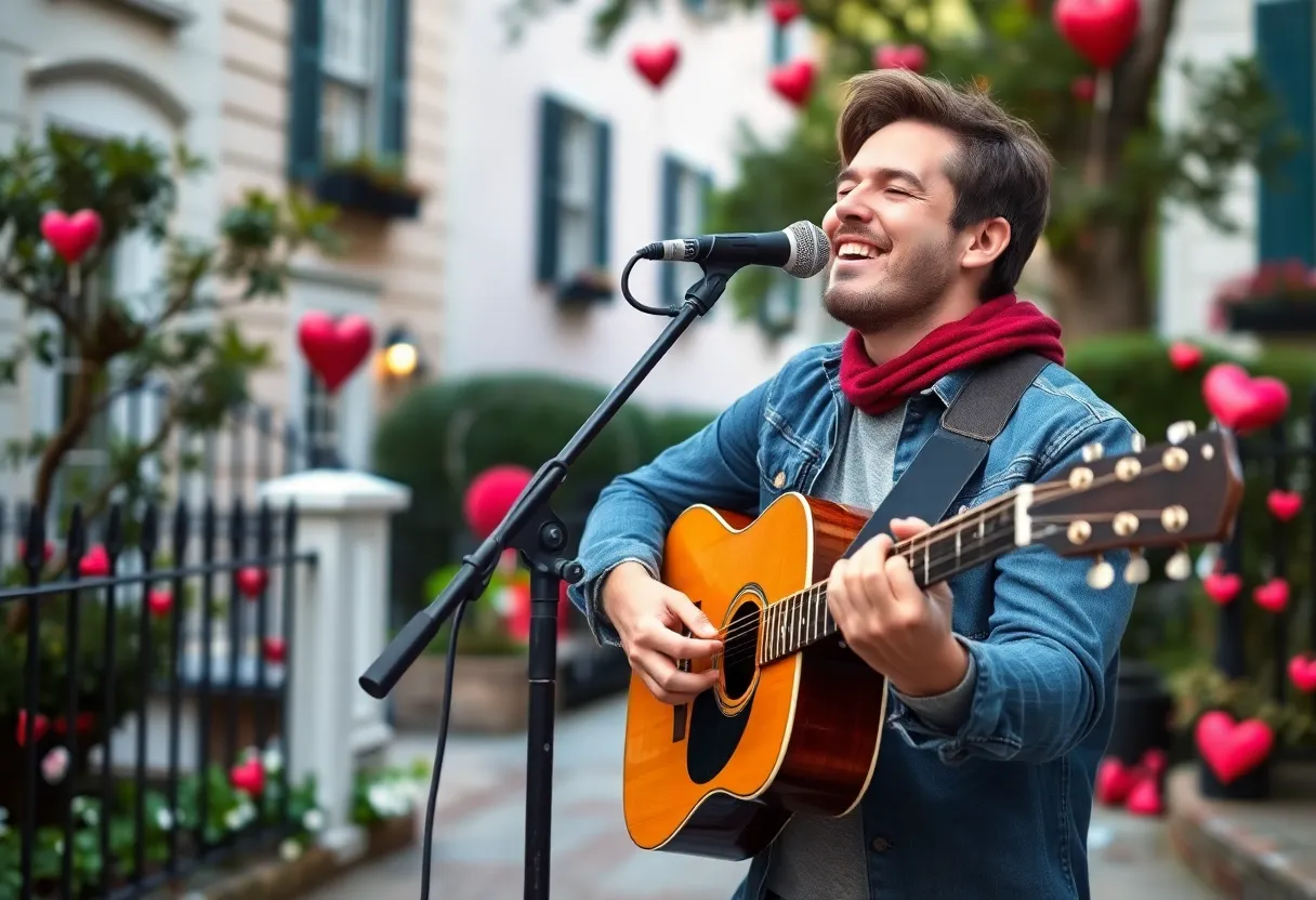 Musician delivering a Valentine's Day singing telegram in Charleston