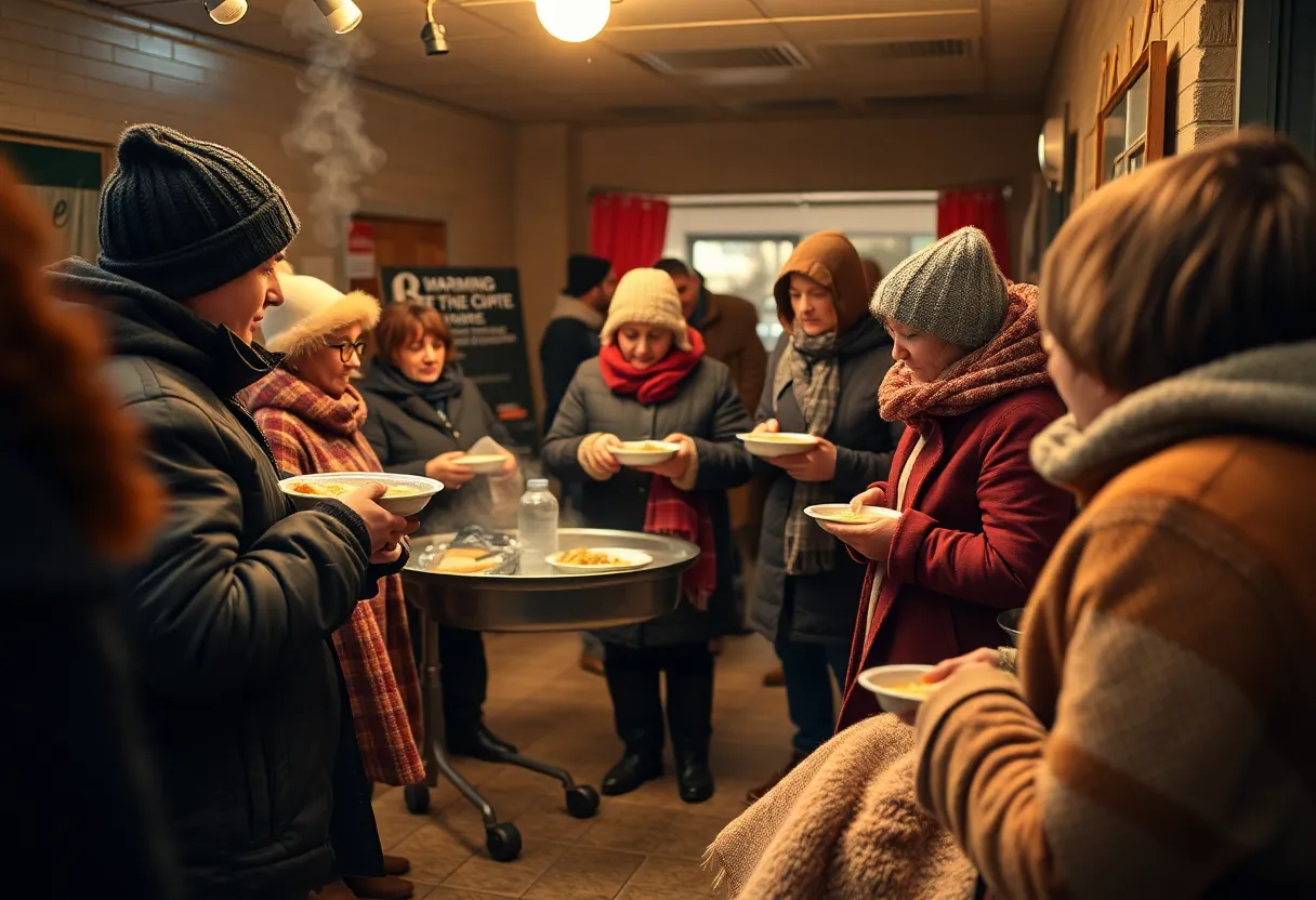 Community members receiving assistance at a warming center during cold weather.