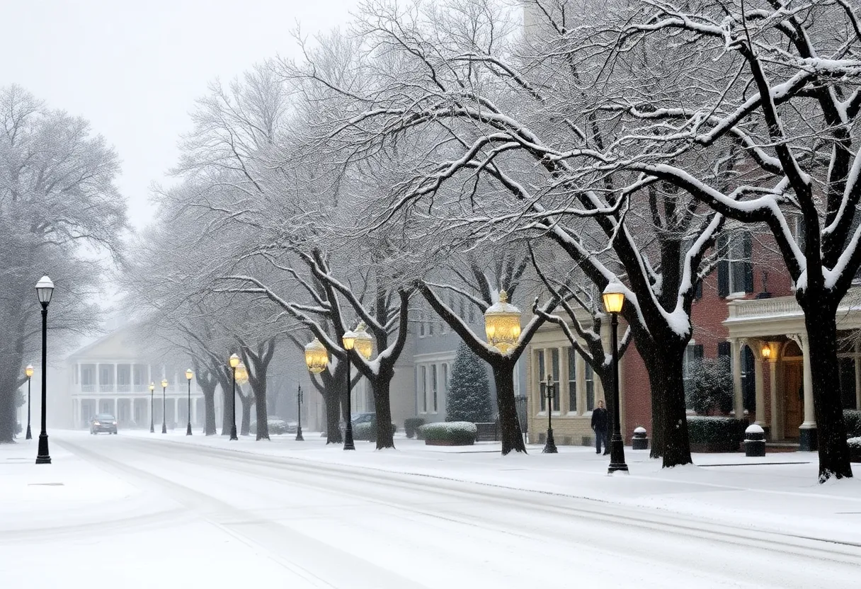 Snowy landscape in Lowcountry during winter storm