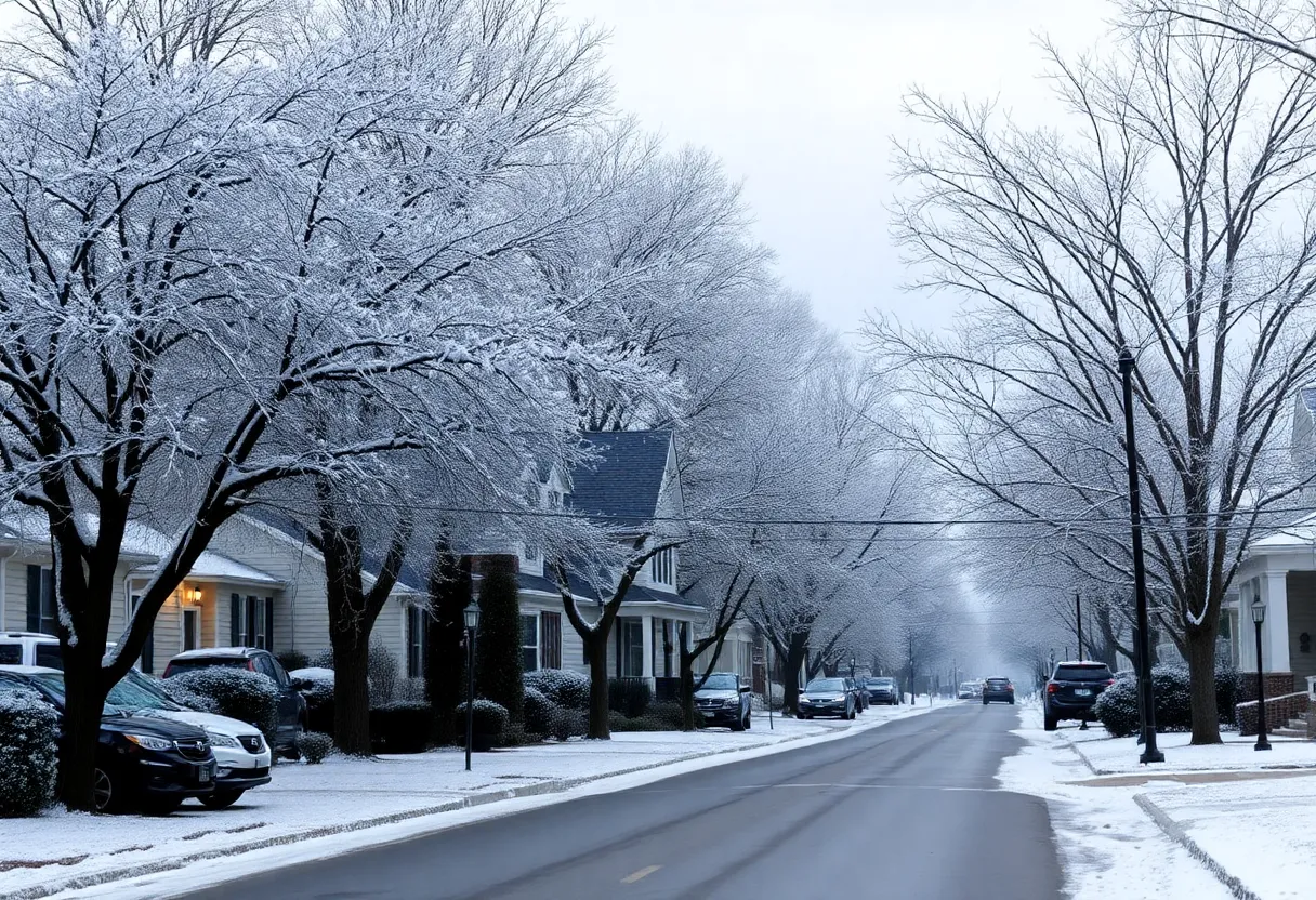 Snow-covered street in Charleston under winter storm warning