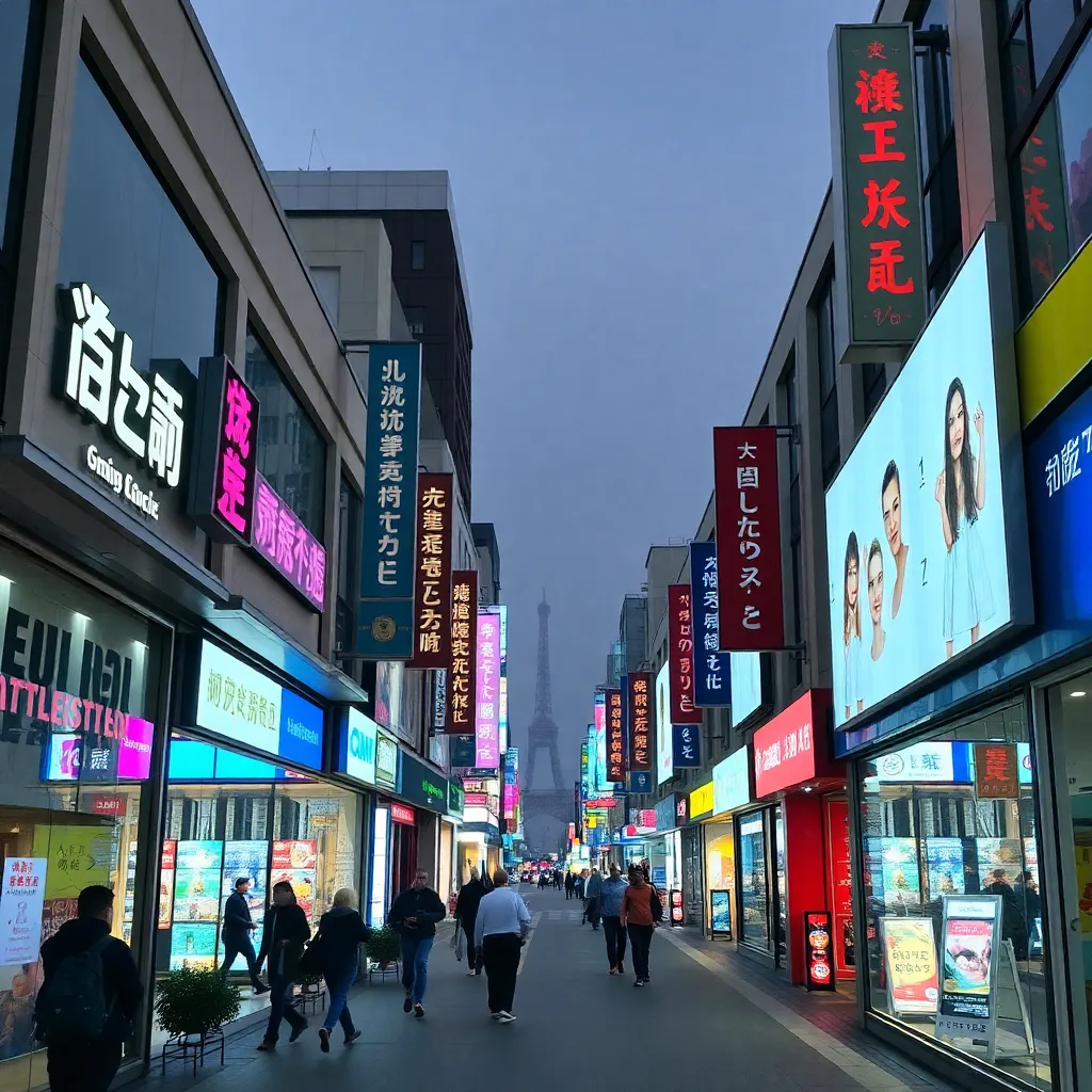 Shopping district with vibrant storefronts and digital ads.