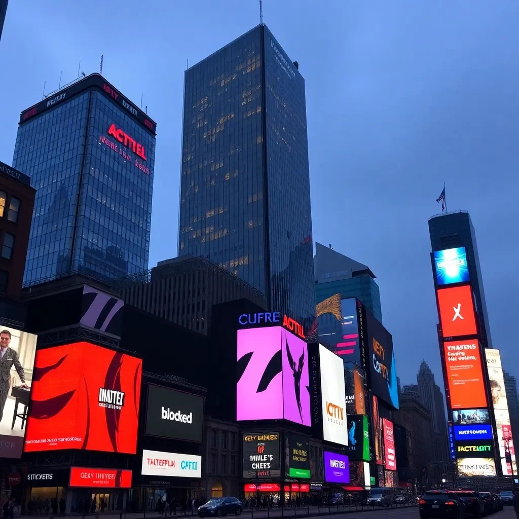 City skyline with digital screens displaying blocked ads.