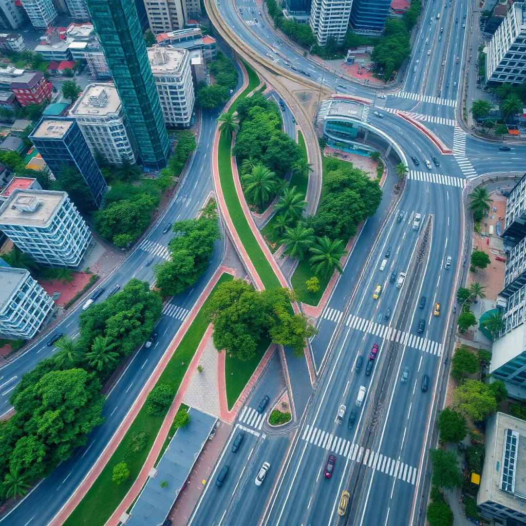 Aerial view of urban traffic with green pathways.