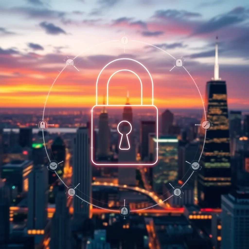 Digital lock over city skyline representing data privacy legislation.