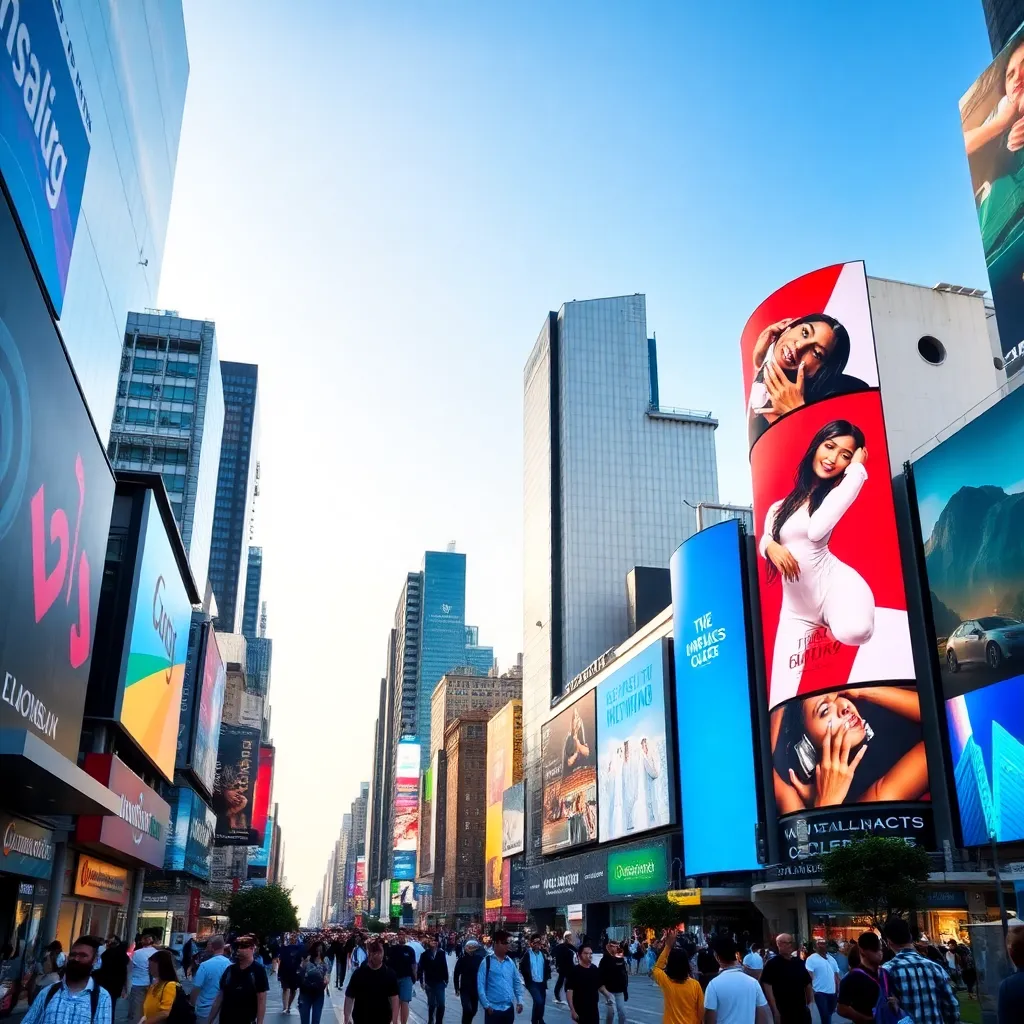 A bustling cityscape with digital advertisements and creative displays.