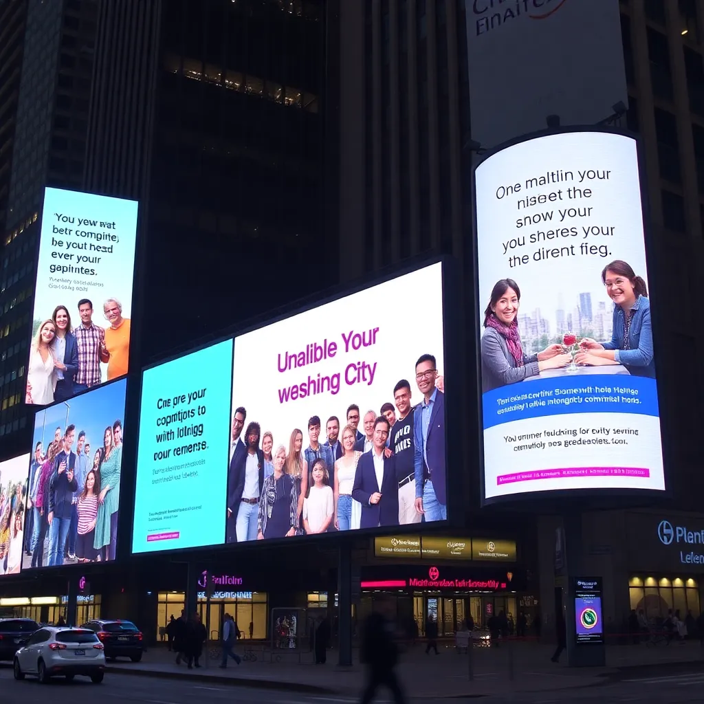 Digital billboards showing positive community engagement in a city.