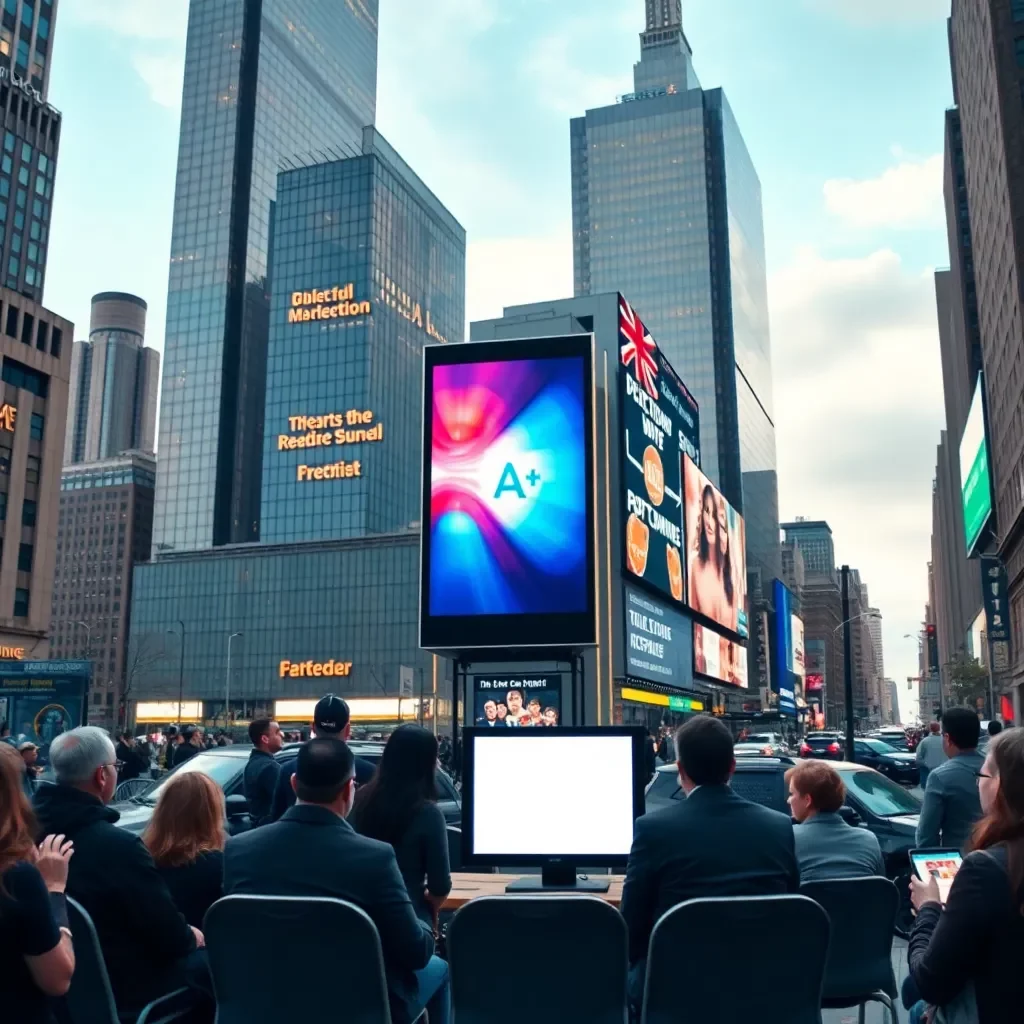 Debate around digital advertising in a modern cityscape.