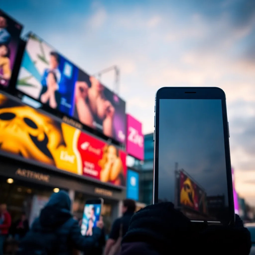 Billboards and smartphones reflecting static displays and confusion.