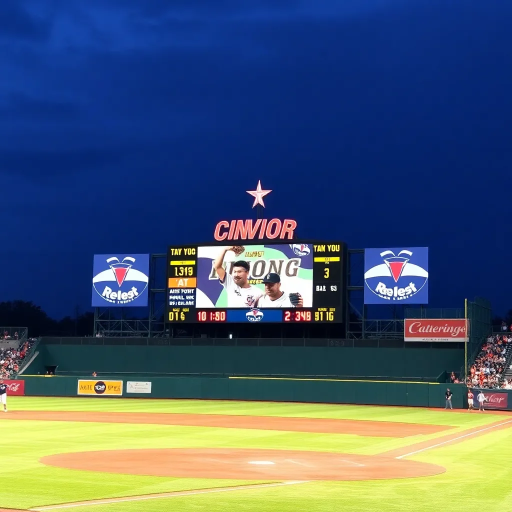 Baseball field with scoreboard celebrating victory in spring.