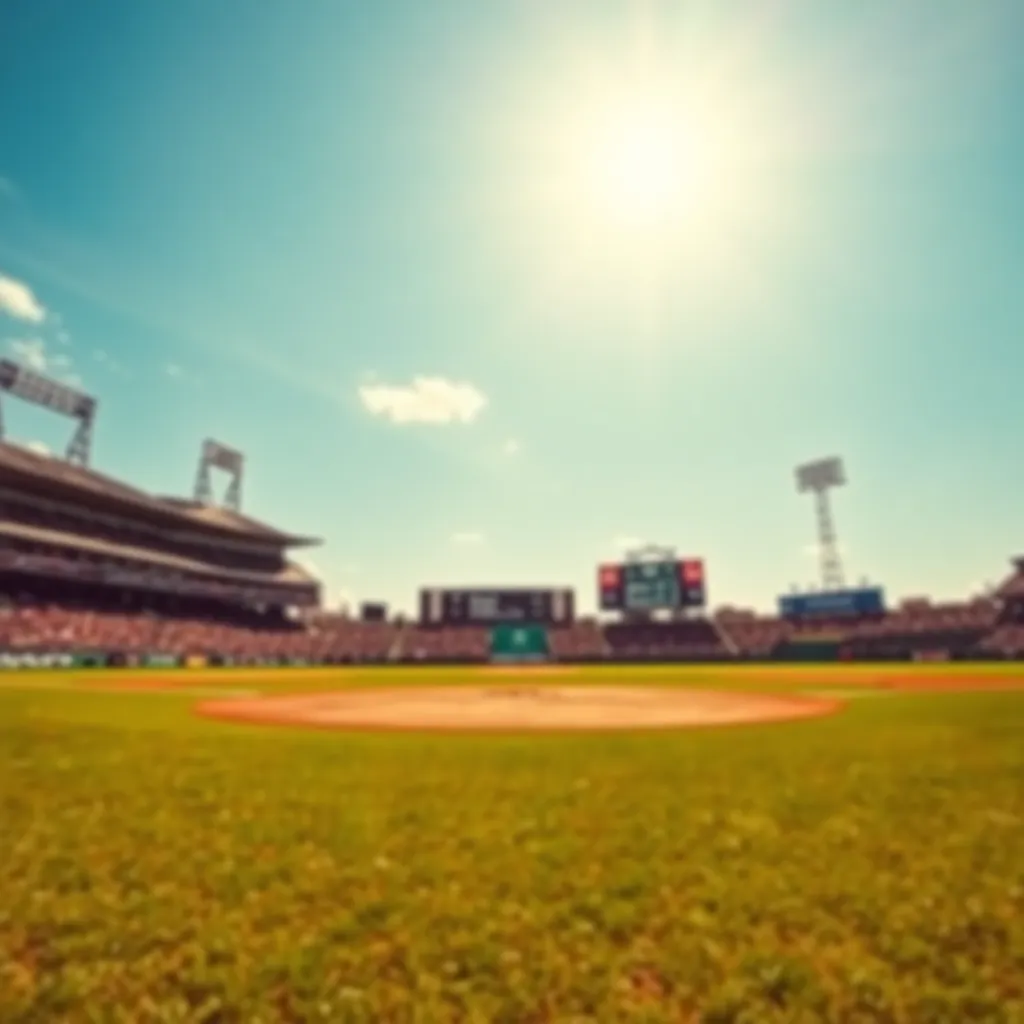 Baseball field under bright blue skies, excitement in the air.