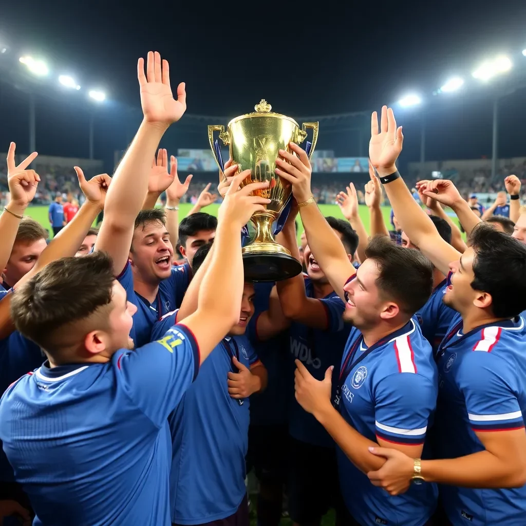 Trophy celebration with team spirit and enthusiasm.