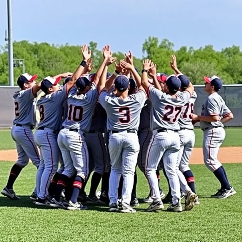 A triumphant baseball team celebrating a victorious game.