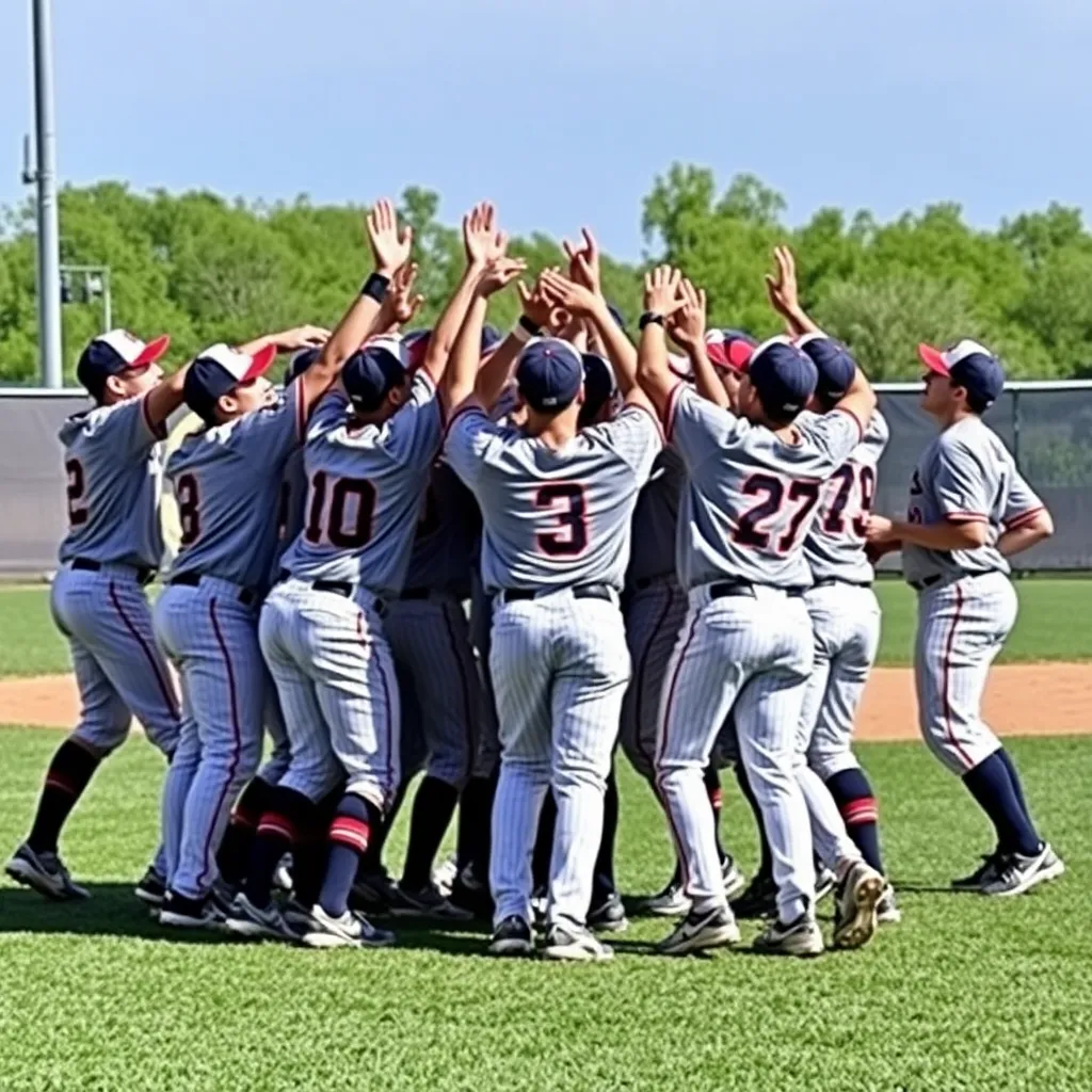 A triumphant baseball team celebrating a victorious game.