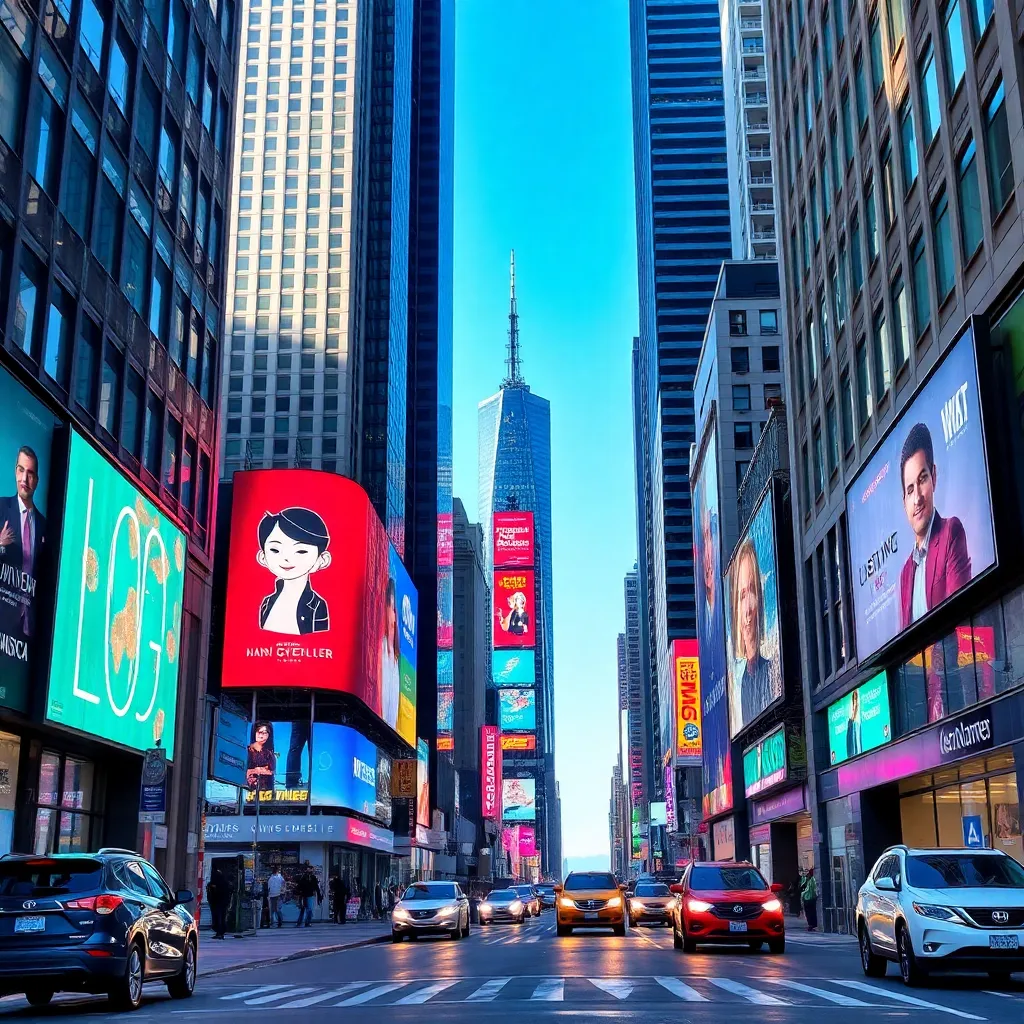 Digital advertising billboards in a bustling city street.