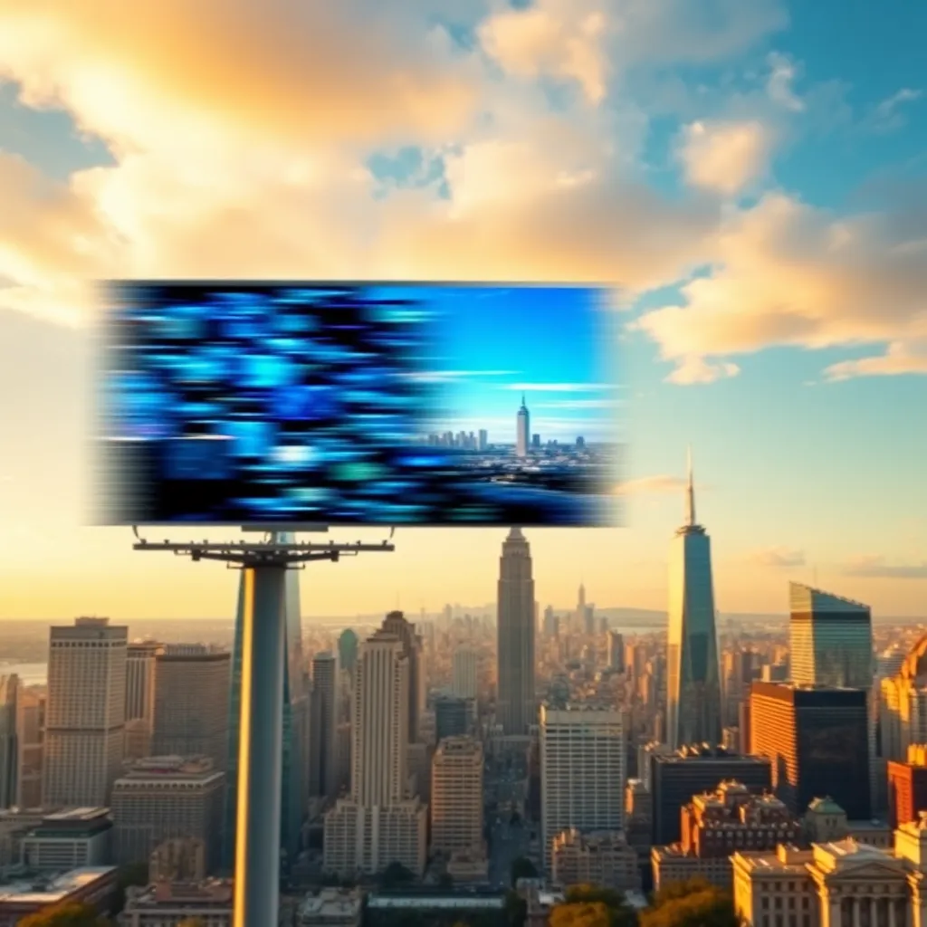Disrupted digital advertising on city skyline backdrop.