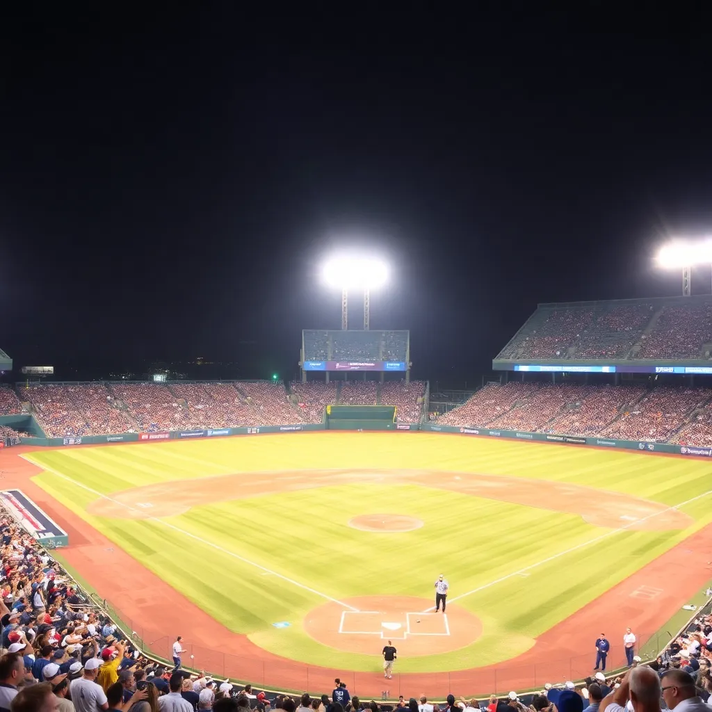 Baseball field under bright lights with cheering crowd.