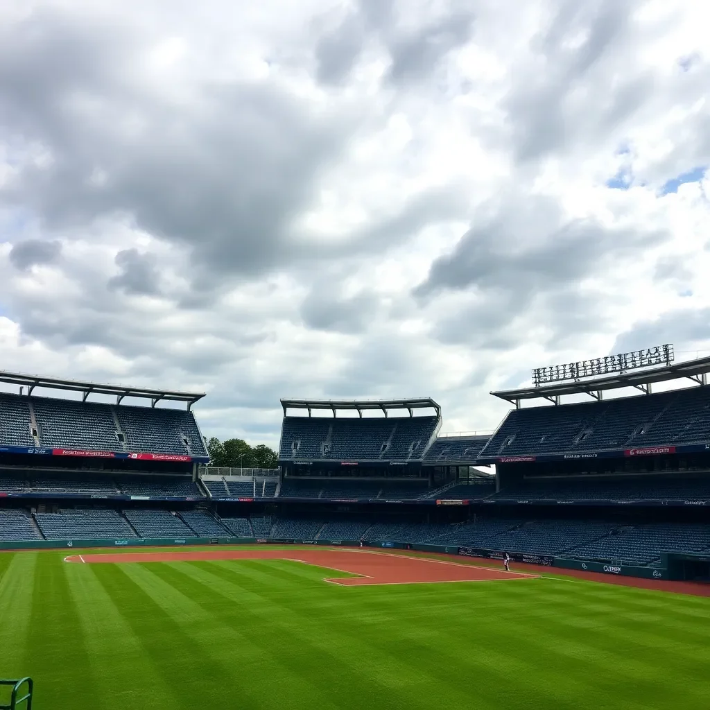 Baseball field with empty bleachers and cloudy sky.