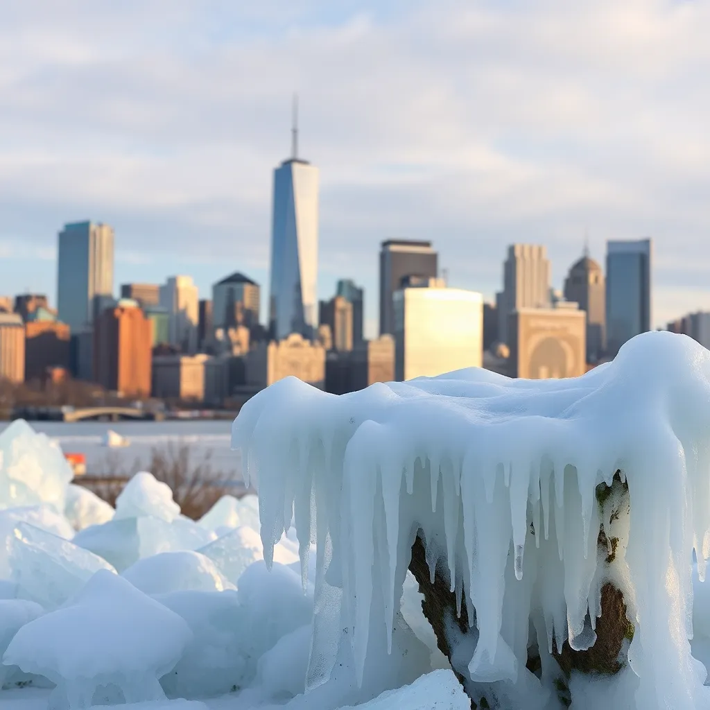 Urban skyline with melting ice sculptures in foreground.