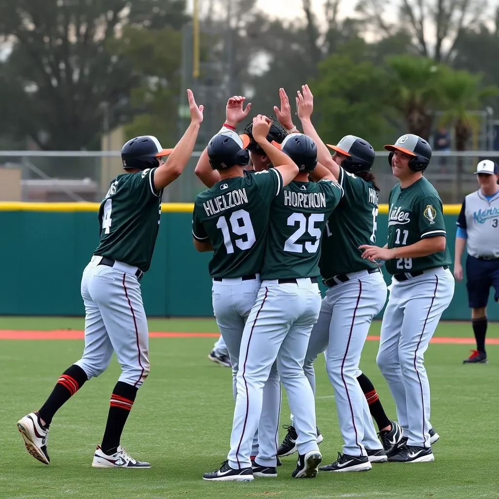 Baseball players celebrating a hard-fought victory on field.