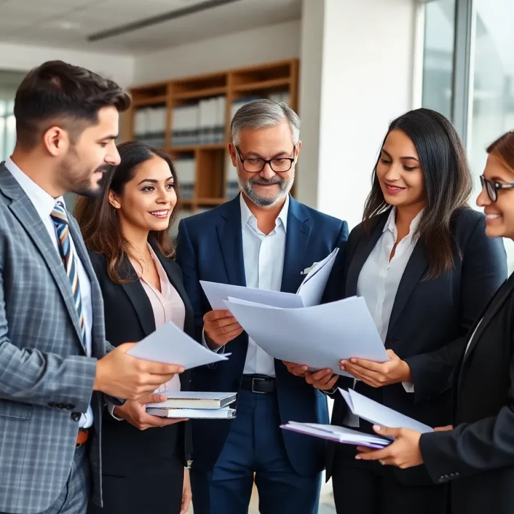 Group of lawyers discussing employment law in an office