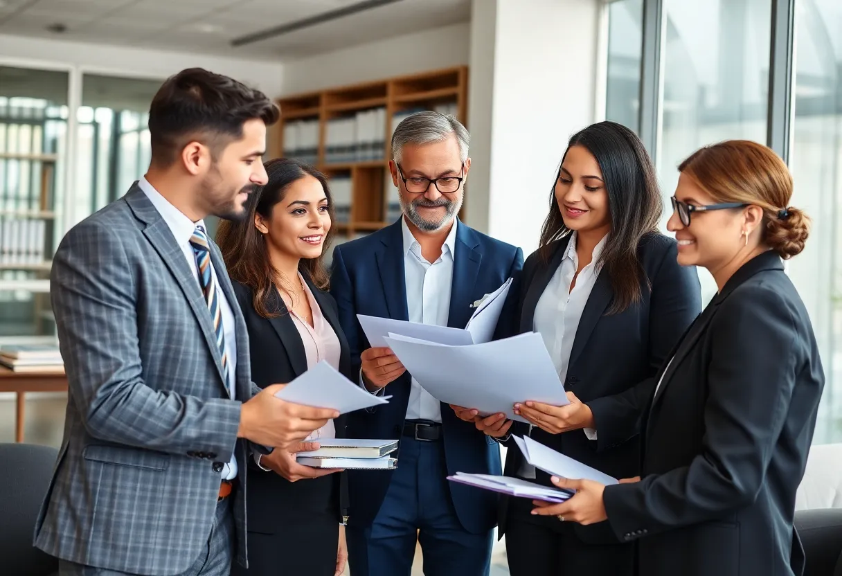 Group of lawyers discussing employment law in an office