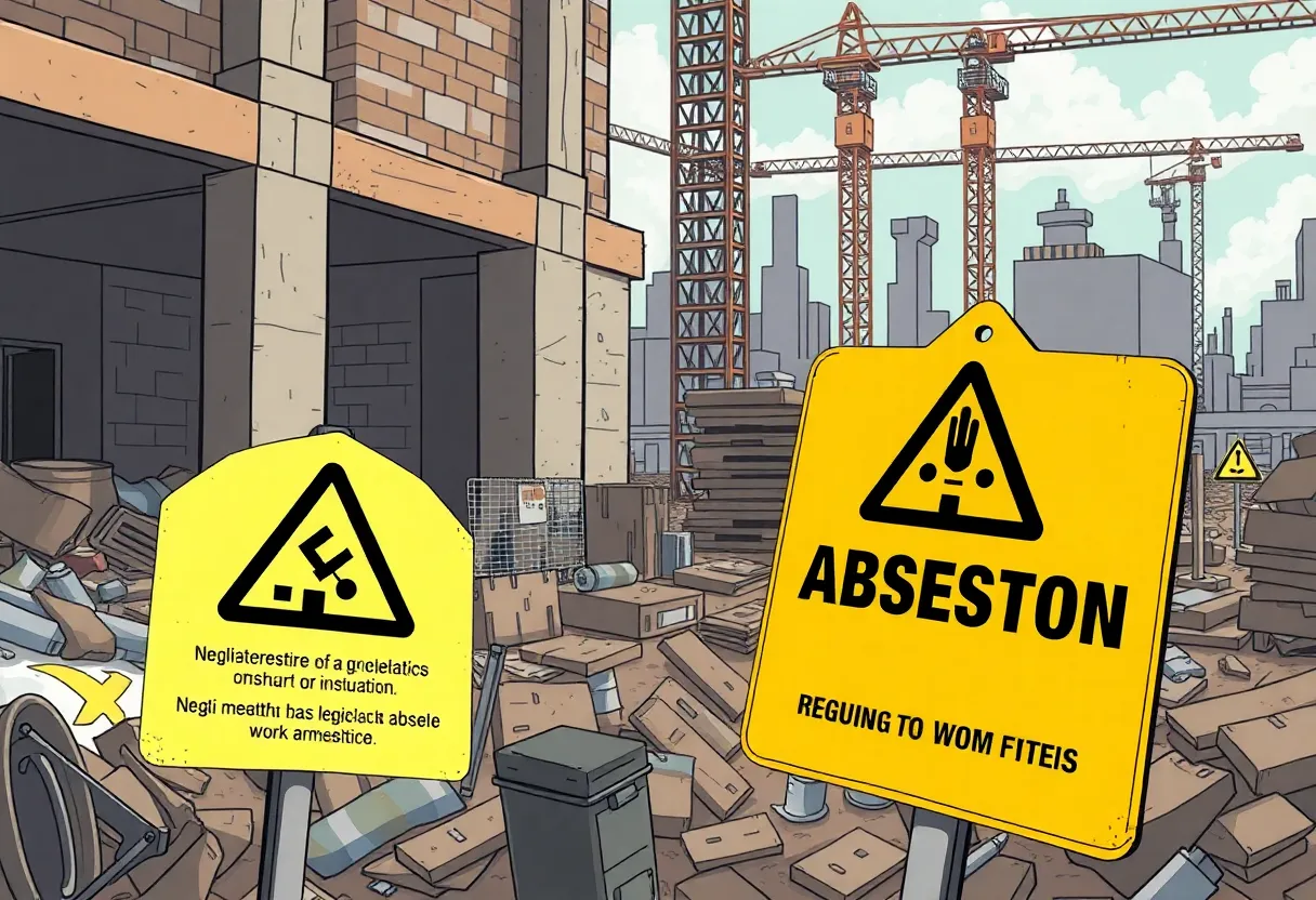 Chaotic construction site showing asbestos warnings and unsafe conditions.