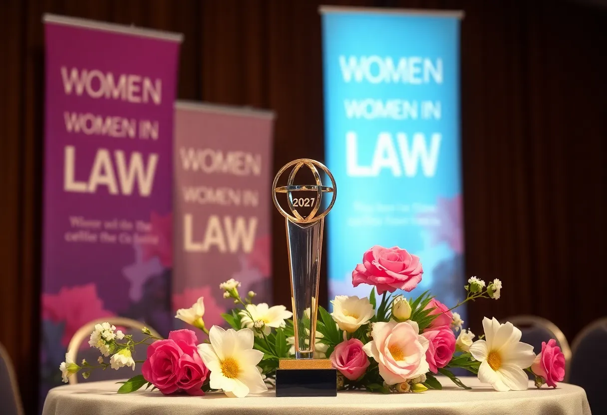 Ceremony honoring women lawyers with an award trophy.