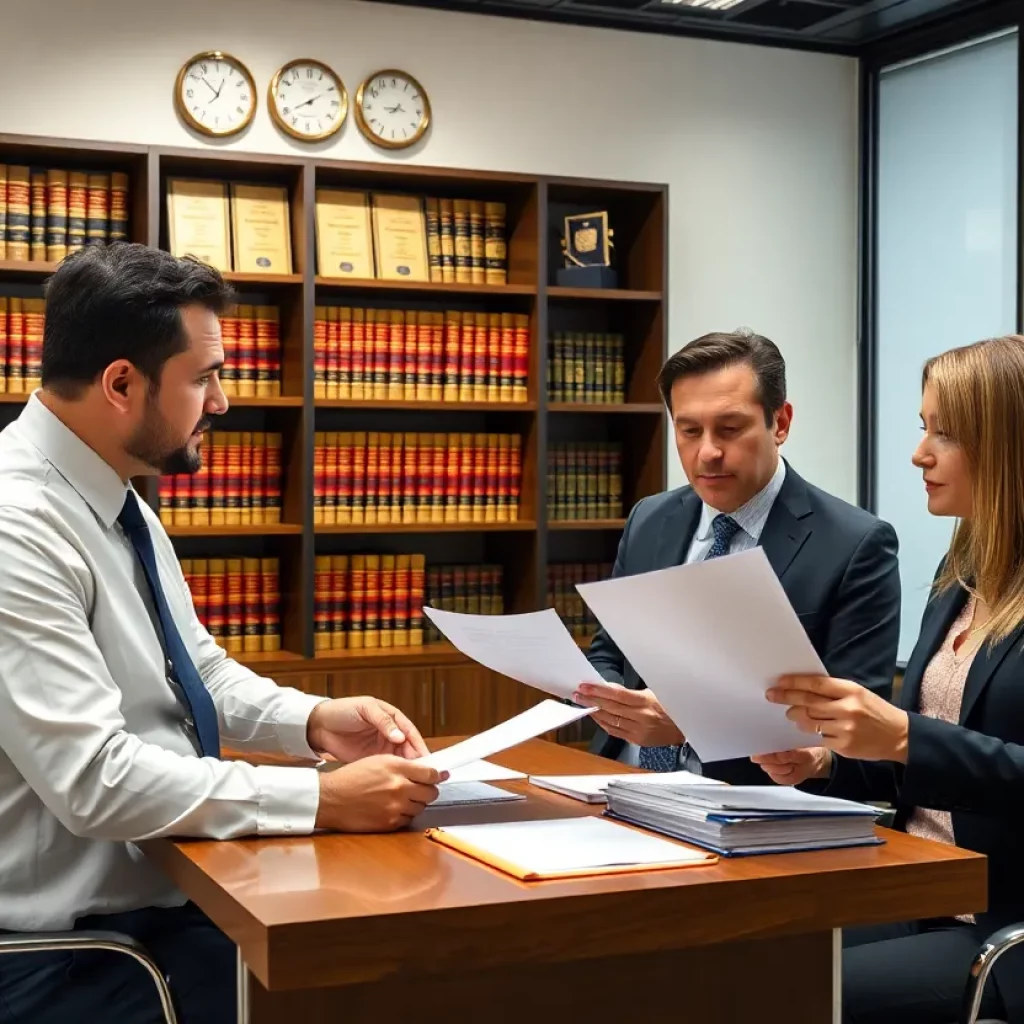 A professional law office showing lawyers discussing documents and awards.