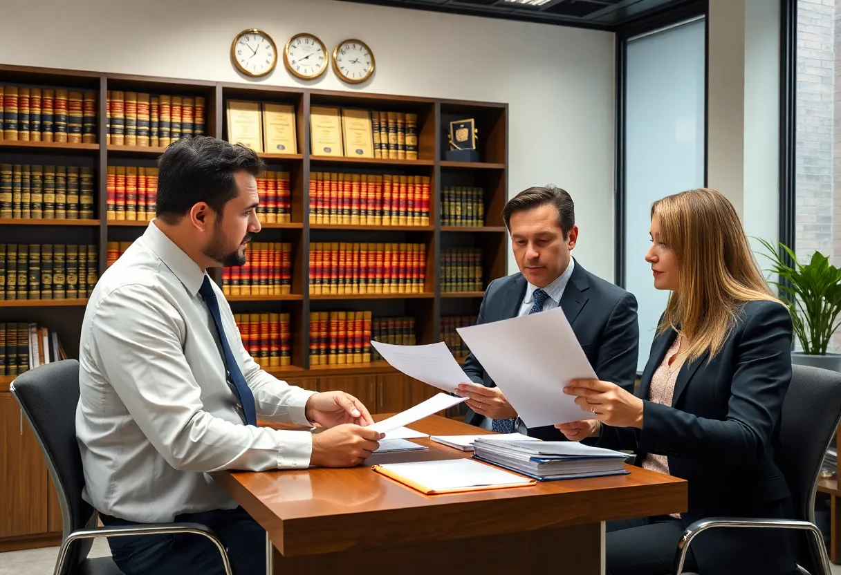 A professional law office showing lawyers discussing documents and awards.