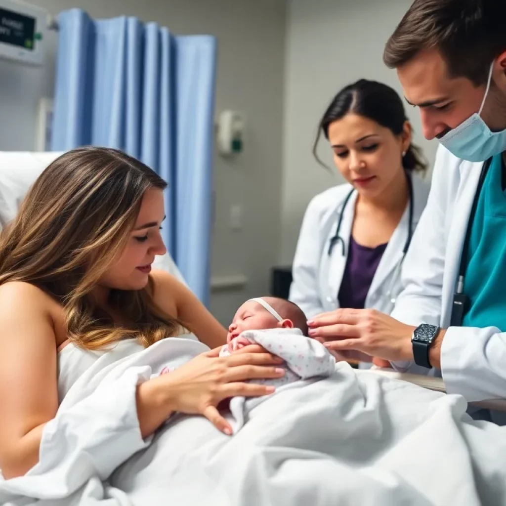 Parents receiving guidance on birth injury law in a hospital environment.