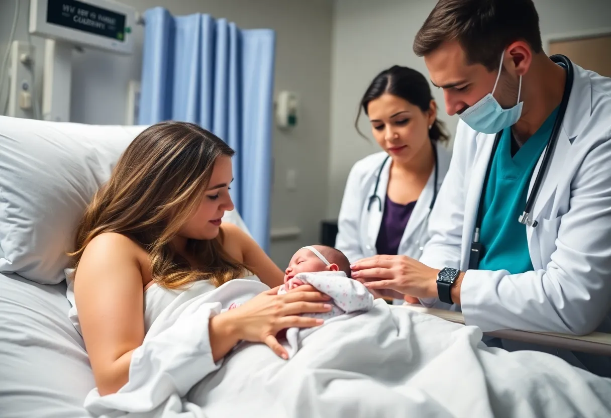 Parents receiving guidance on birth injury law in a hospital environment.