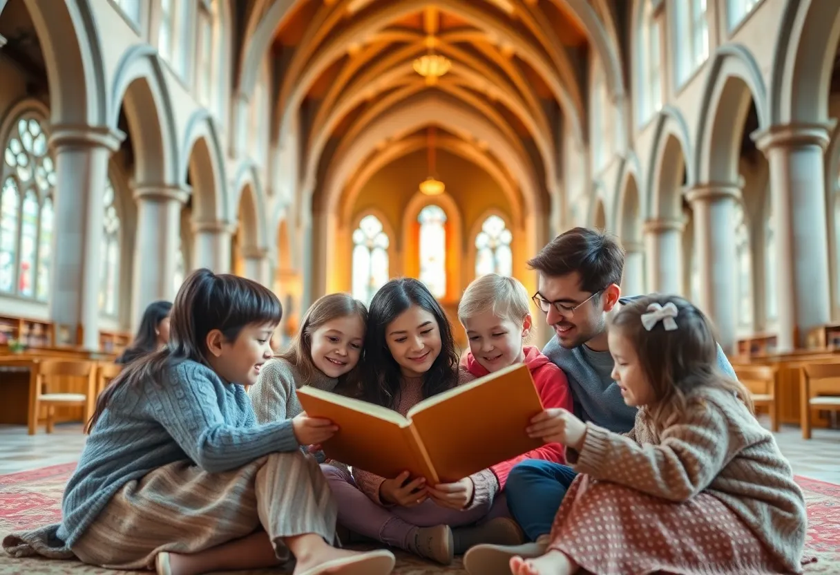 Children enjoying a story time event at a cathedral.